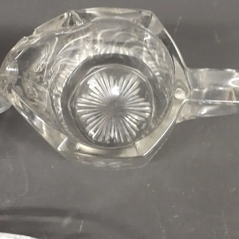 3 pc etched‎ floral crystal sugar/creamer, & sm. dish with bottom star design
